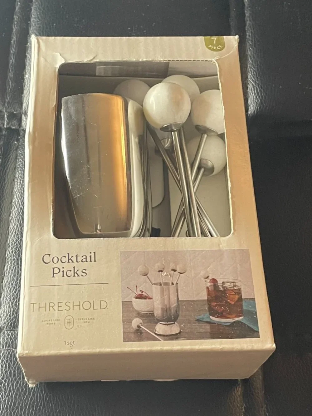 7pc Stainless Steel Cocktail Picks with Holder Silver - Threshold™-NWT